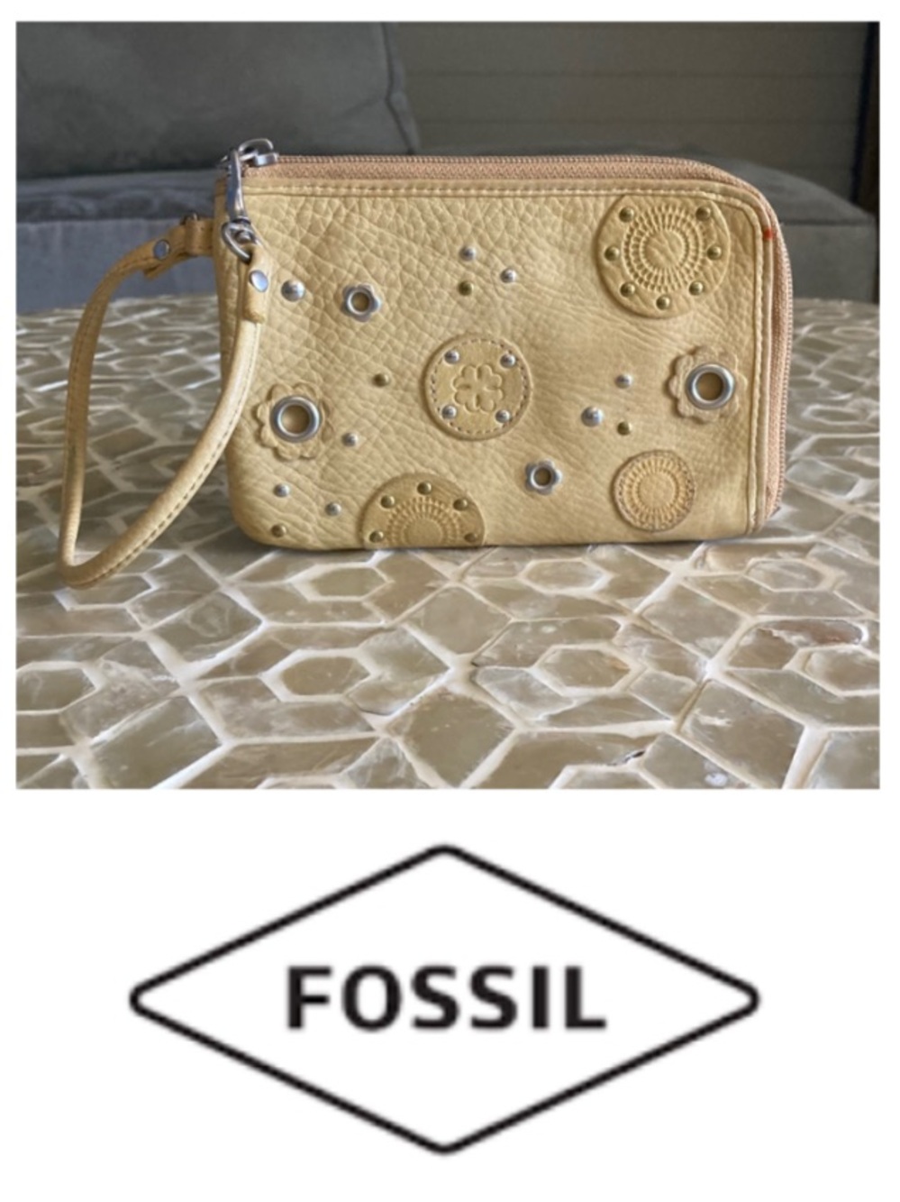 Fossil vintage floral embossed leather wristlet in mustard